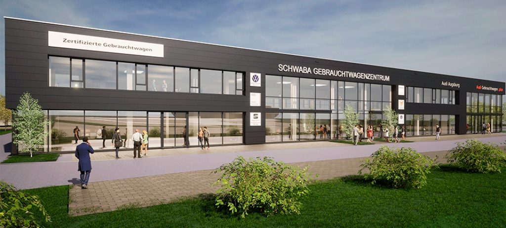 Schwaba_Gebrauchtwagenzentrum Modernes Gebäude mit großen Glasfronten und Beschriftungen 'Schwaba Gebrauchtwagzentrum' und 'Zertifizierte Gebrauchtwagen', mehrere Personen vor dem Eingang